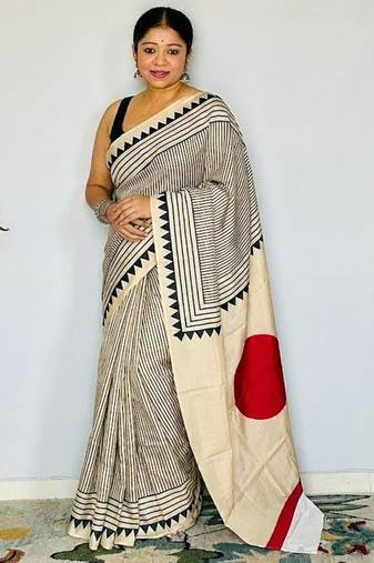 Off-White japan satin saree with digital print blouse