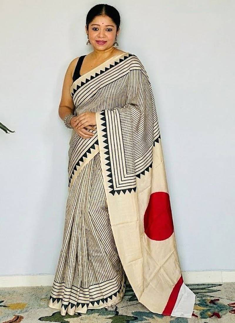 Off-White japan satin saree with digital print blouse