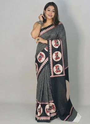 Black japan satin saree with digital print blouse 1