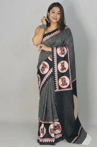 Black japan satin saree with digital print blouse