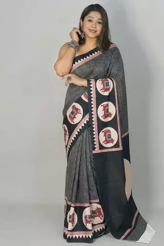 Black japan satin saree with digital print blouse
