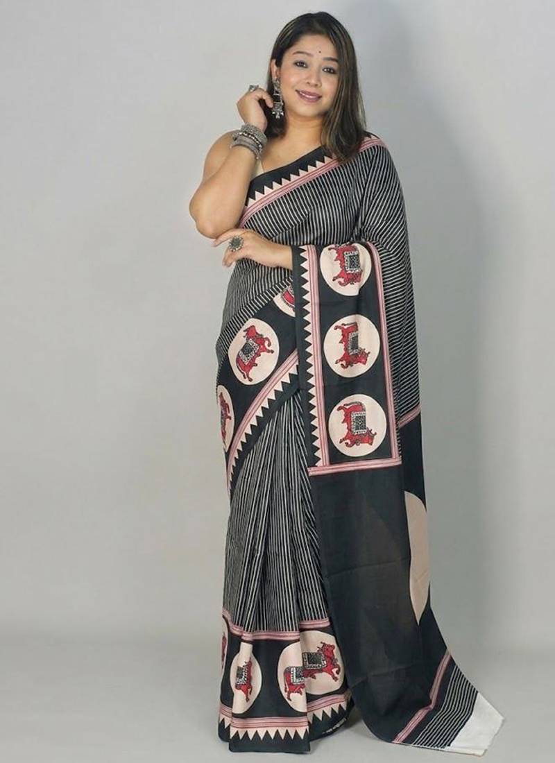 Black japan devsena satin saree japan satin digital print blouse