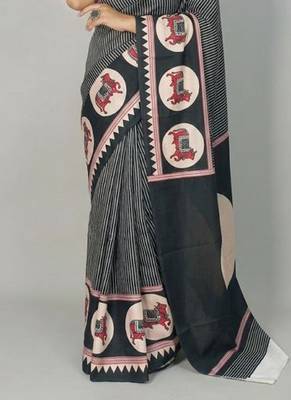 Black japan satin saree with digital print blouse 2