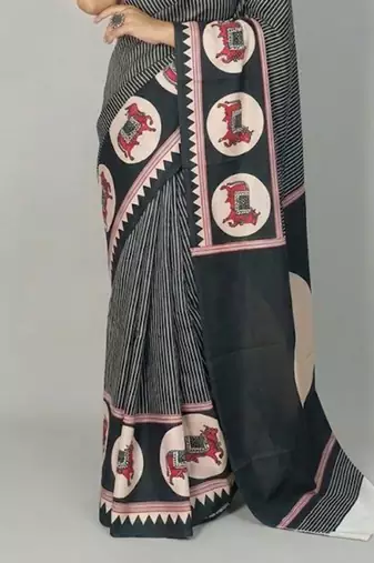 Black japan satin saree with digital print blouse