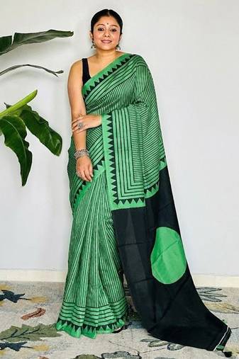 Green japan satin saree with digital print blouse