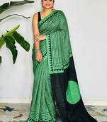 Green japan satin saree with digital print blouse