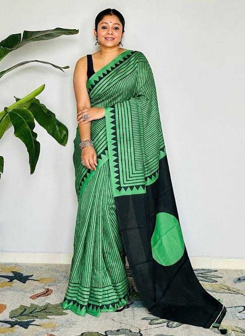 Green japan satin saree with digital print blouse