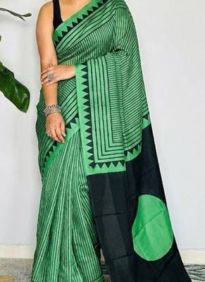 Green japan satin saree with digital print blouse 2