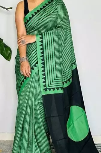 Green japan satin saree with digital print blouse