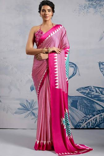Pink japan satin saree with digital print blouse