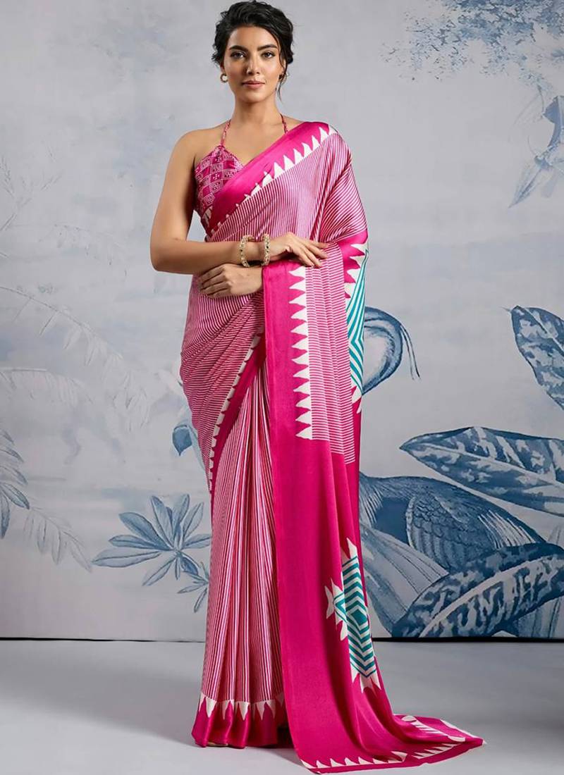 Pink japan devsena satin saree japan satin digital print blouse