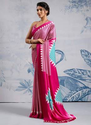 Pink japan satin saree with digital print blouse 2