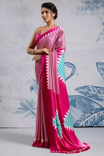Pink japan satin saree with digital print blouse