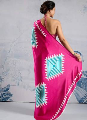 Pink japan satin saree with digital print blouse 3