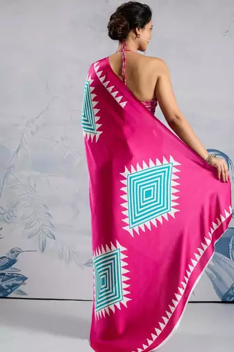 Pink japan satin saree with digital print blouse
