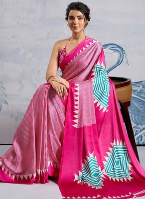 Pink japan satin saree with digital print blouse 4