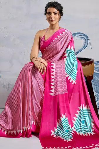 Pink japan satin saree with digital print blouse