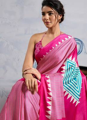 Pink japan satin saree with digital print blouse 5