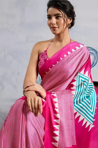 Pink japan satin saree with digital print blouse