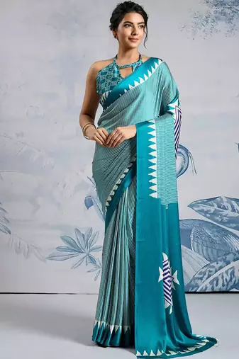 Sky blue japan satin saree with digital print blouse