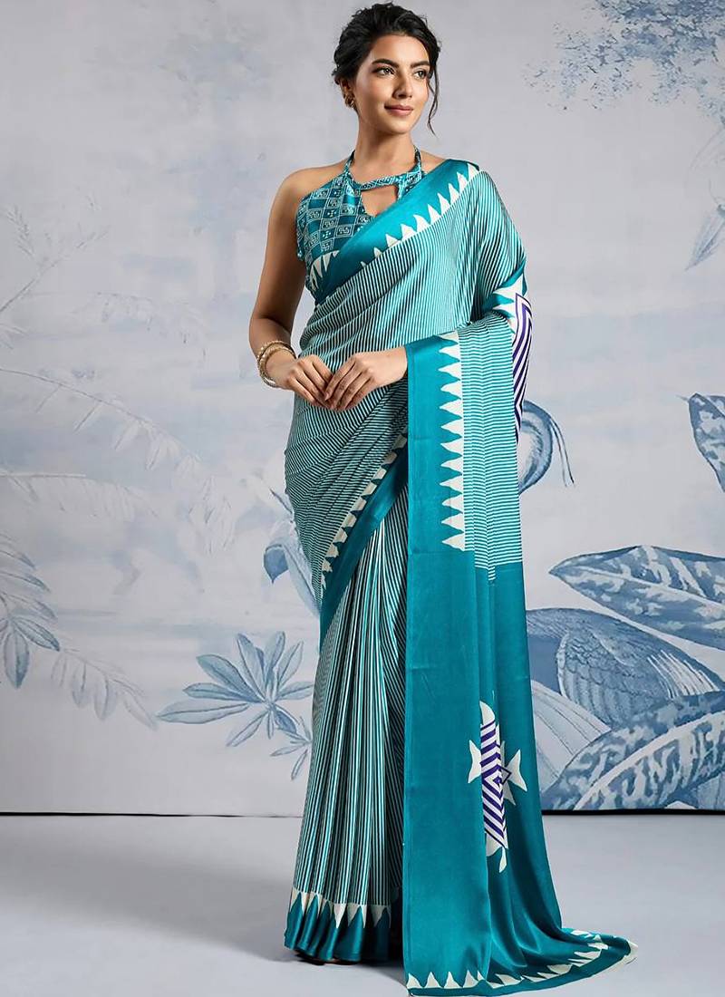 Sky blue japan devsena satin saree japan satin digital print blouse