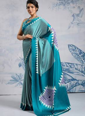 Sky blue japan satin saree with digital print blouse 2