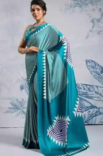 Sky blue japan satin saree with digital print blouse
