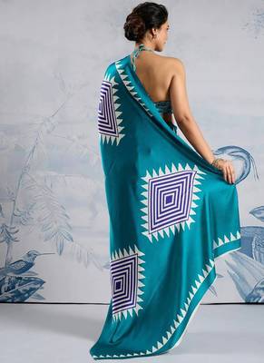 Sky blue japan satin saree with digital print blouse 3