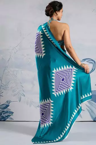 Sky blue japan satin saree with digital print blouse