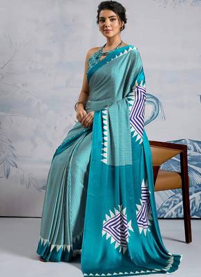 Sky blue japan satin saree with digital print blouse 4