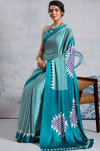 Sky blue japan satin saree with digital print blouse