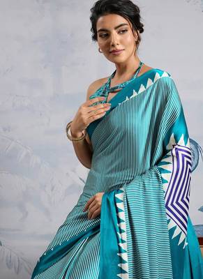 Sky blue japan satin saree with digital print blouse 5