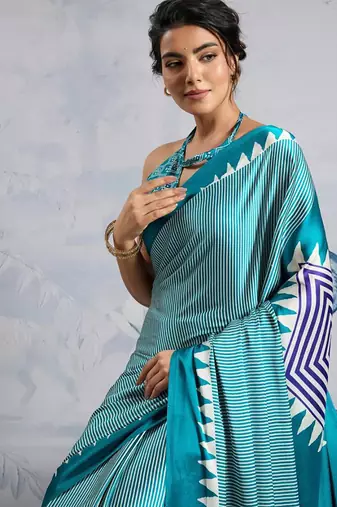 Sky blue japan satin saree with digital print blouse