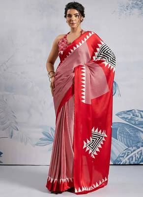 Red japan satin saree with digital print blouse 1