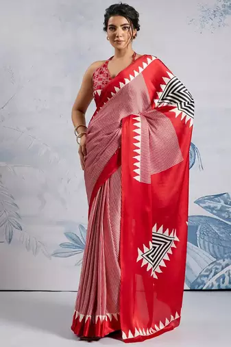 Red japan satin saree with digital print blouse