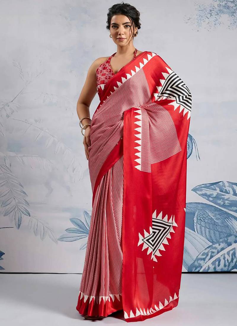 Red japan devsena satin saree japan satin digital print blouse