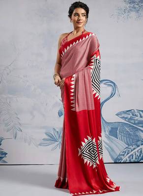 Red japan satin saree with digital print blouse 2