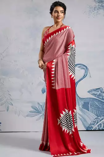 Red japan satin saree with digital print blouse