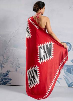 Red japan satin saree with digital print blouse 3