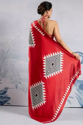 Red japan satin saree with digital print blouse