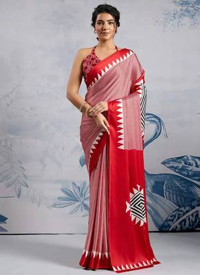 Red japan satin saree with digital print blouse 4