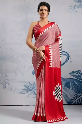 Red japan satin saree with digital print blouse