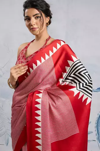 Red japan satin saree with digital print blouse