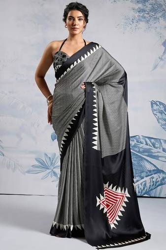 Black japan devsena satin saree japan satin digital print blouse