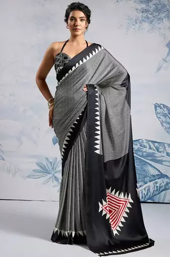 Black japan satin saree with digital print blouse