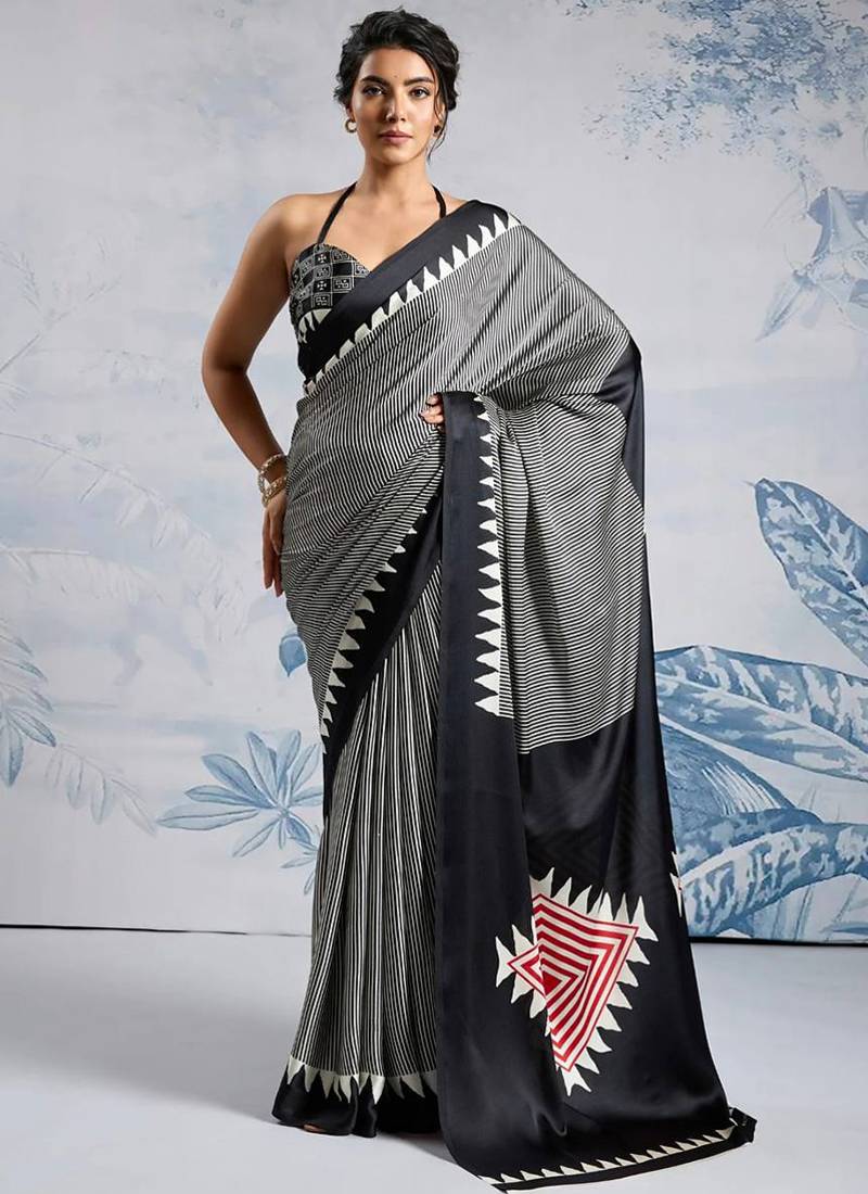 Black japan devsena satin saree japan satin digital print blouse