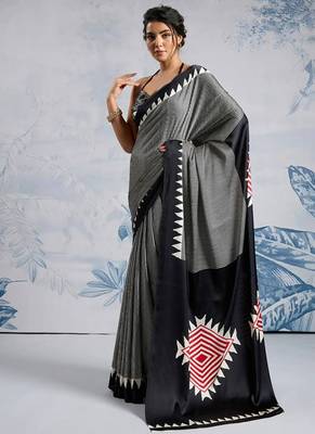 Black japan satin saree with digital print blouse 2