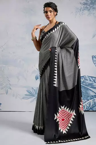Black japan satin saree with digital print blouse