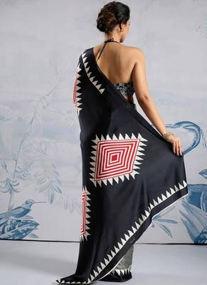 Black japan satin saree with digital print blouse 3
