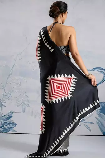 Black japan satin saree with digital print blouse
